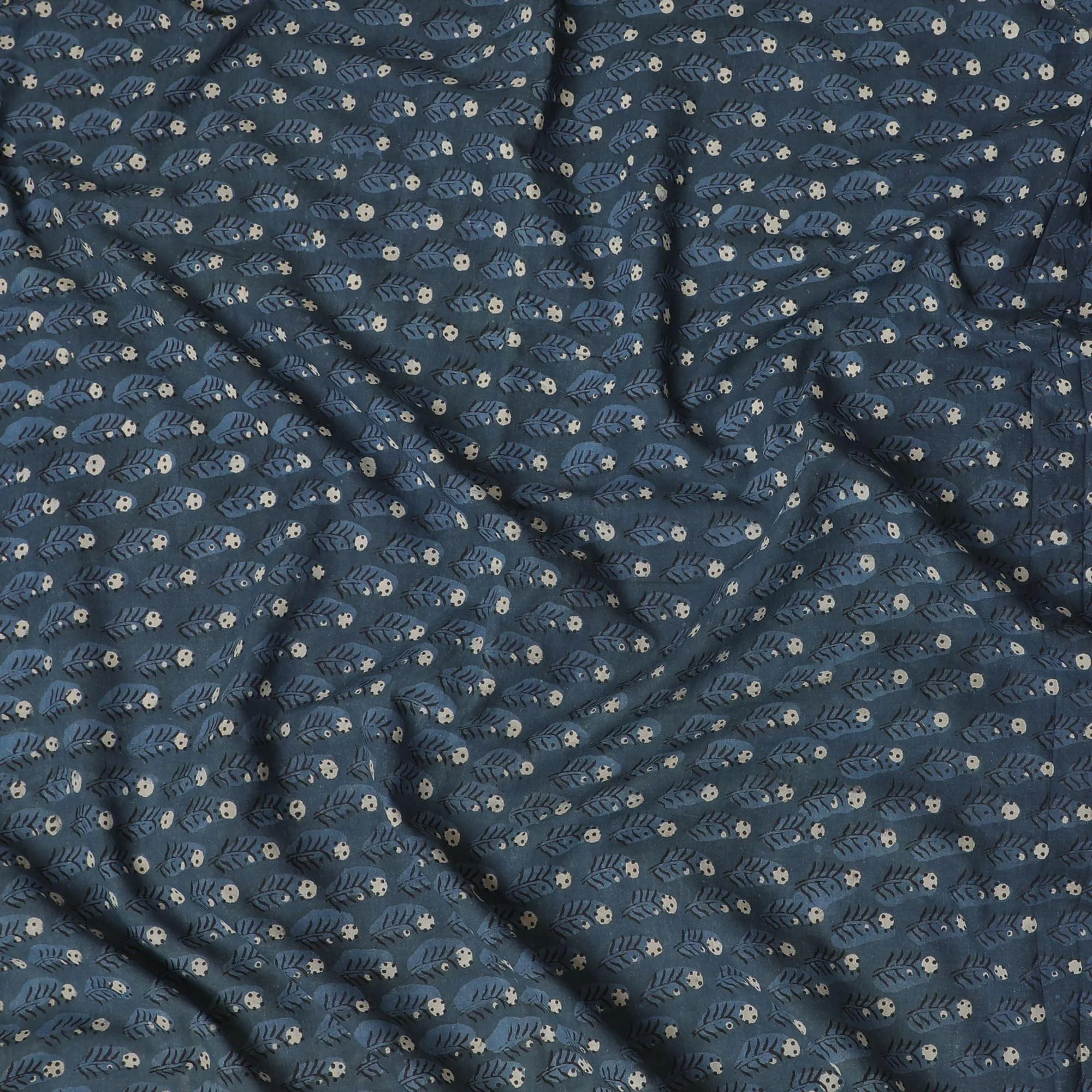 Air force blue organic cotton fabric with navy blue, brown and beige print in fancy design-D13871