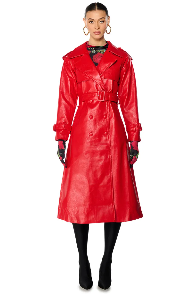 AU REVOIR FAUX LEATHER TRENCH IN RED