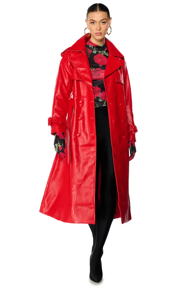 AU REVOIR FAUX LEATHER TRENCH IN RED