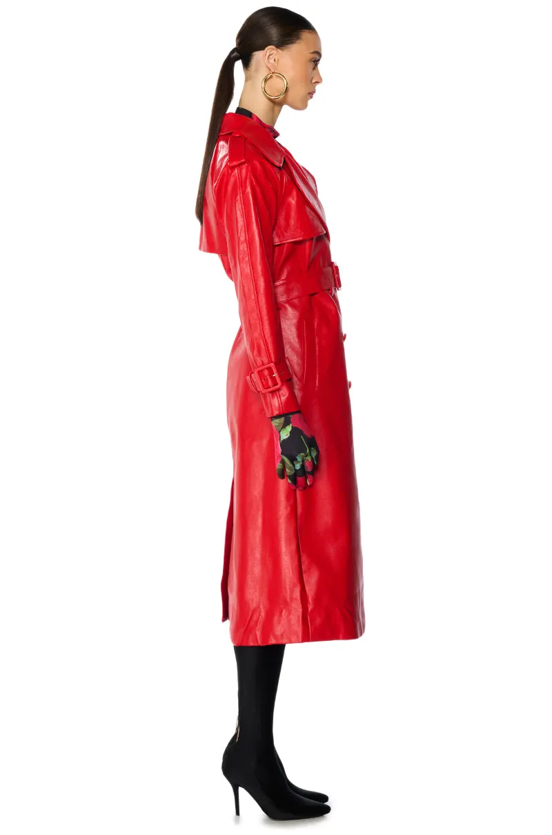 AU REVOIR FAUX LEATHER TRENCH IN RED