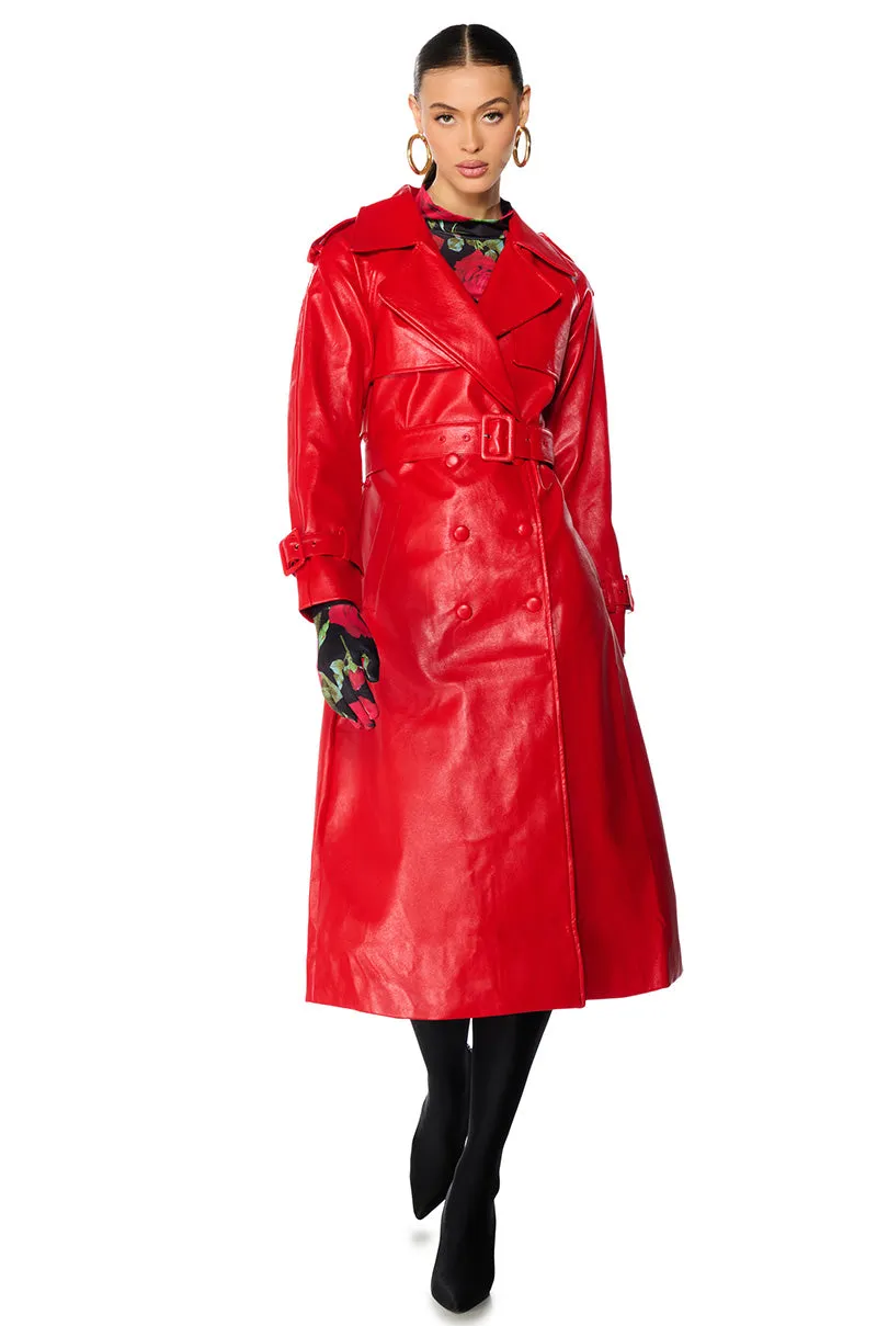 AU REVOIR FAUX LEATHER TRENCH IN RED