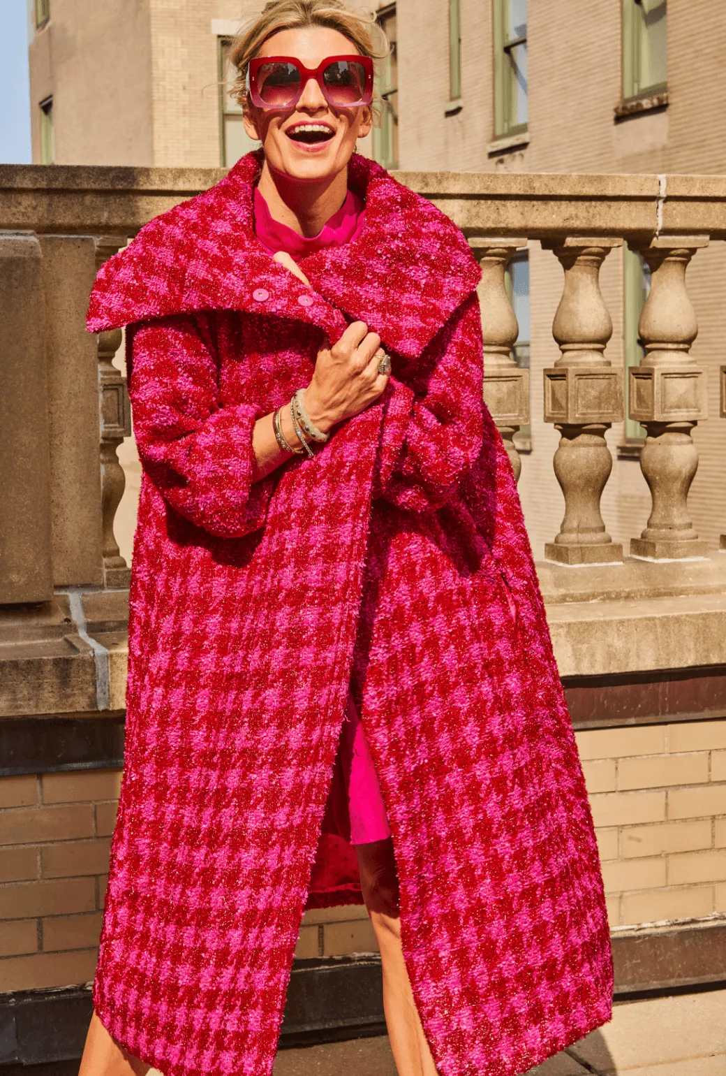 Belted Grace Coat - Pink & Red Tweed