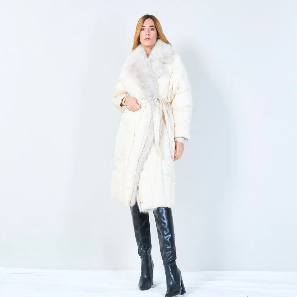 Belted quilted coat with fur trim wholesale