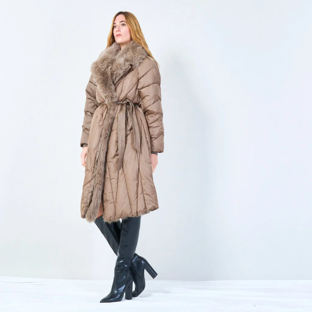 Belted quilted coat with fur trim wholesale