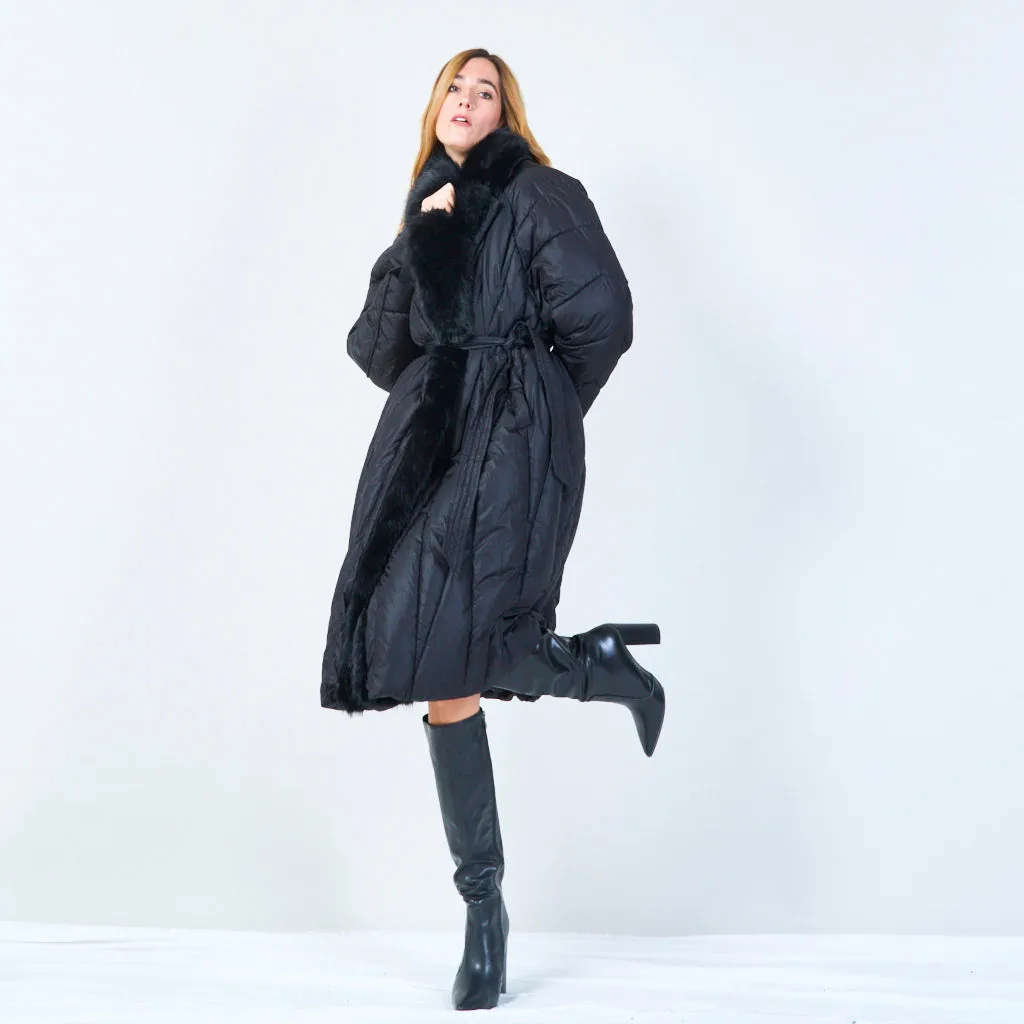 Belted quilted coat with fur trim wholesale