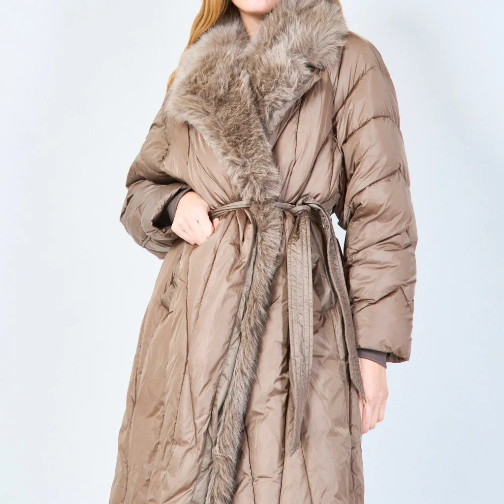 Belted quilted coat with fur trim wholesale