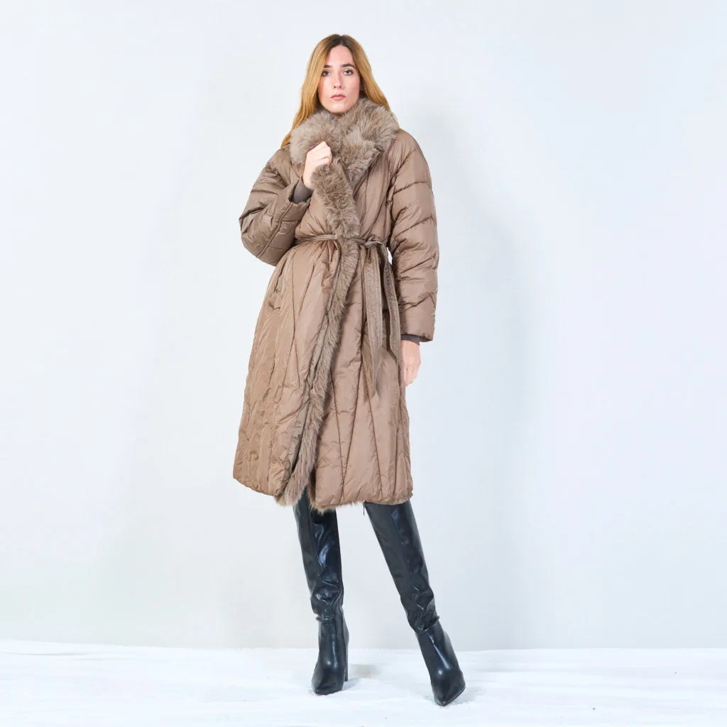 Belted quilted coat with fur trim wholesale