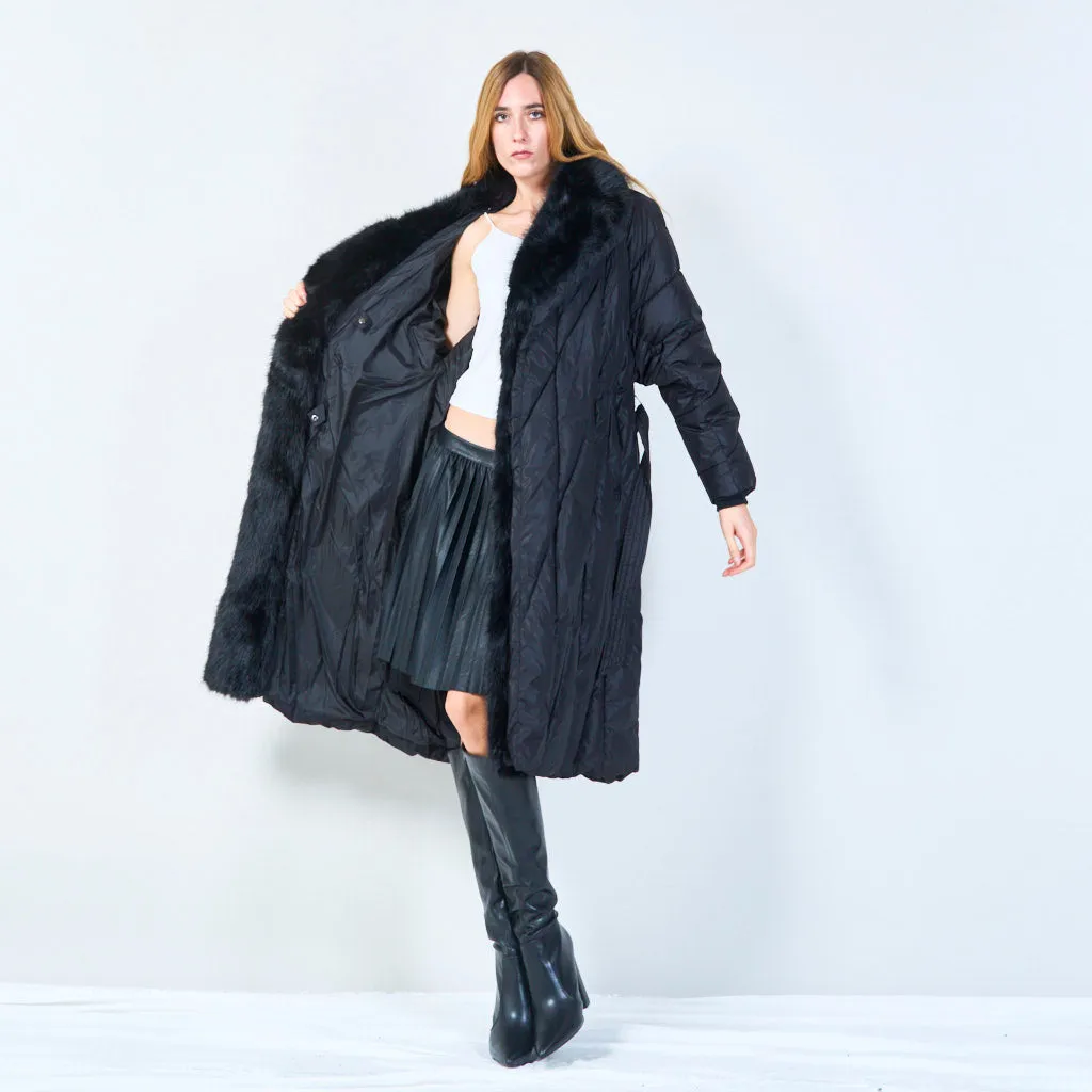 Belted quilted coat with fur trim wholesale