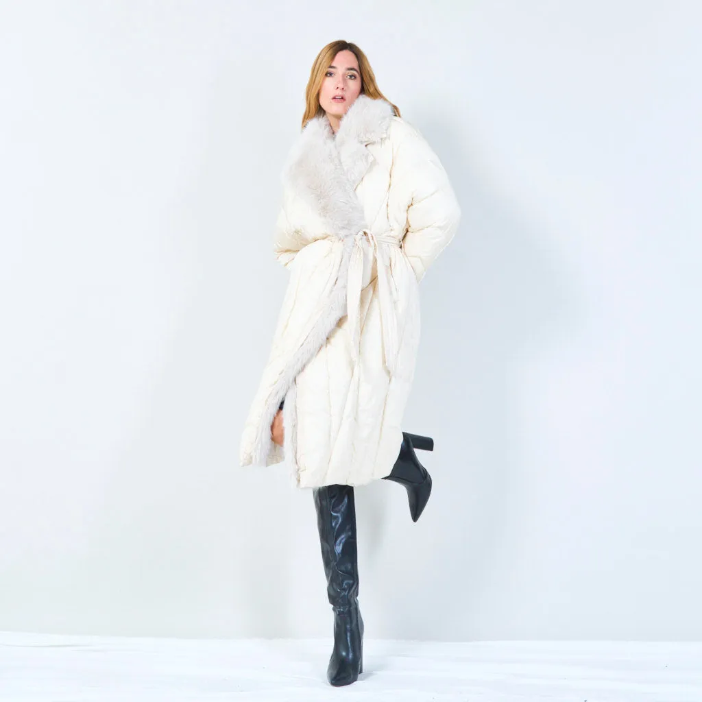 Belted quilted coat with fur trim wholesale