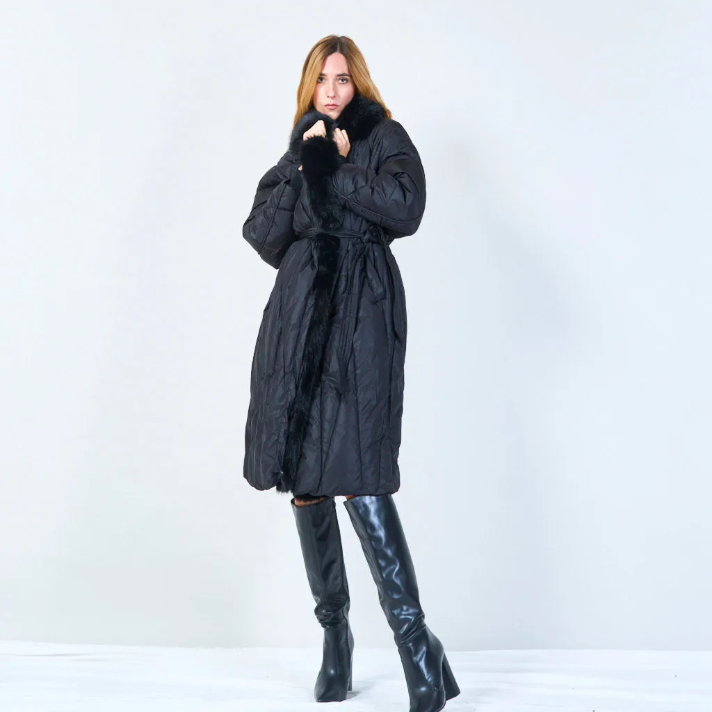 Belted quilted coat with fur trim wholesale