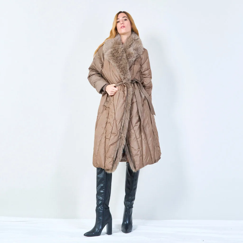 Belted quilted coat with fur trim wholesale