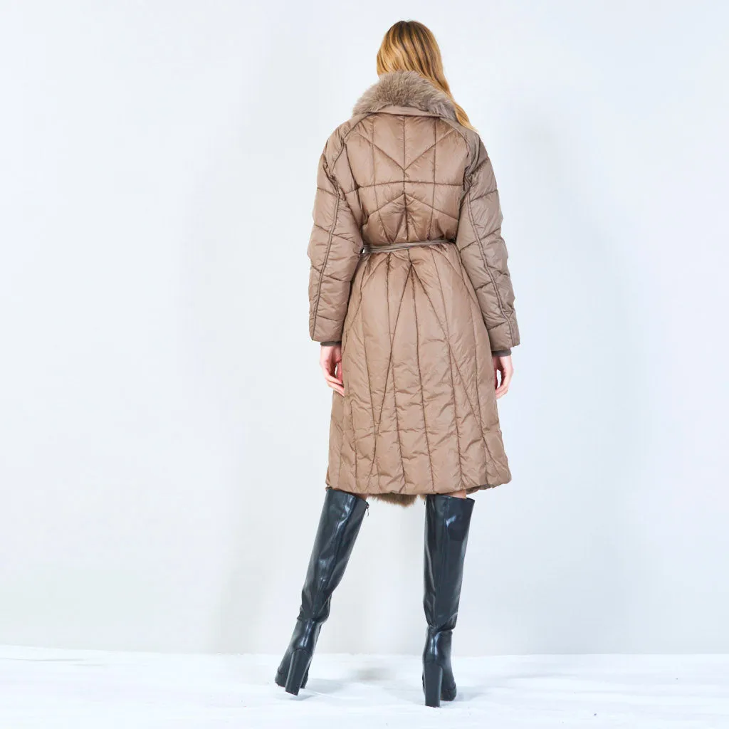 Belted quilted coat with fur trim wholesale