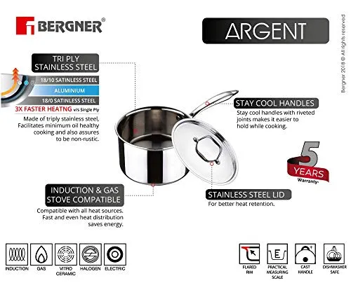 BERGNER Argent Stainless Steel Saucepan With Lid, 1.6 L, 1 Saucepan & 1 Stainless Steel Lid (Silver)