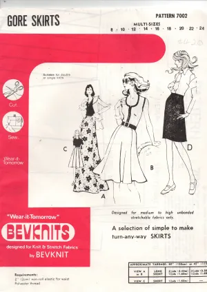 Bevknits 7002 Womens Stretch Skirts 1970s Vintage Sewing Pattern Size 8 - 24 UNCUT Factory Folded