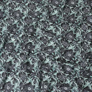 Black organic cotton fabric with stone grey, vista green and off white screen block print in floral design-D10283