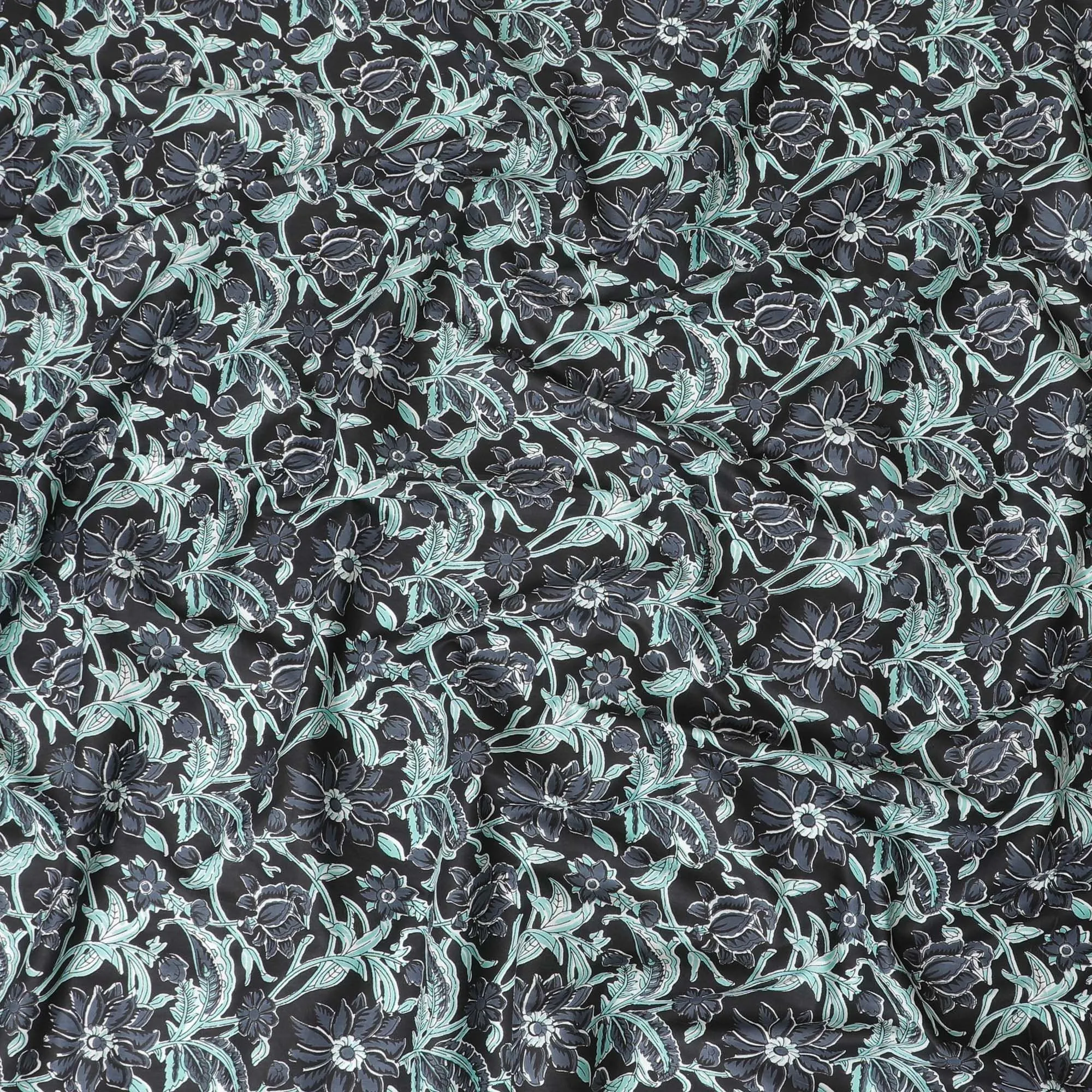 Black organic cotton fabric with stone grey, vista green and off white screen block print in floral design-D10283