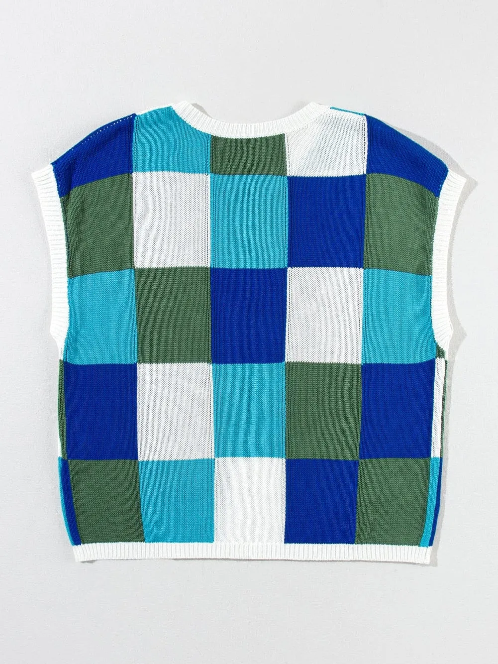 Blue Plaid Print Cap Sleeve Knit Top