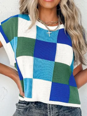 Blue Plaid Print Cap Sleeve Knit Top