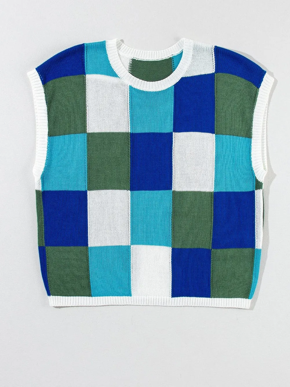 Blue Plaid Print Cap Sleeve Knit Top