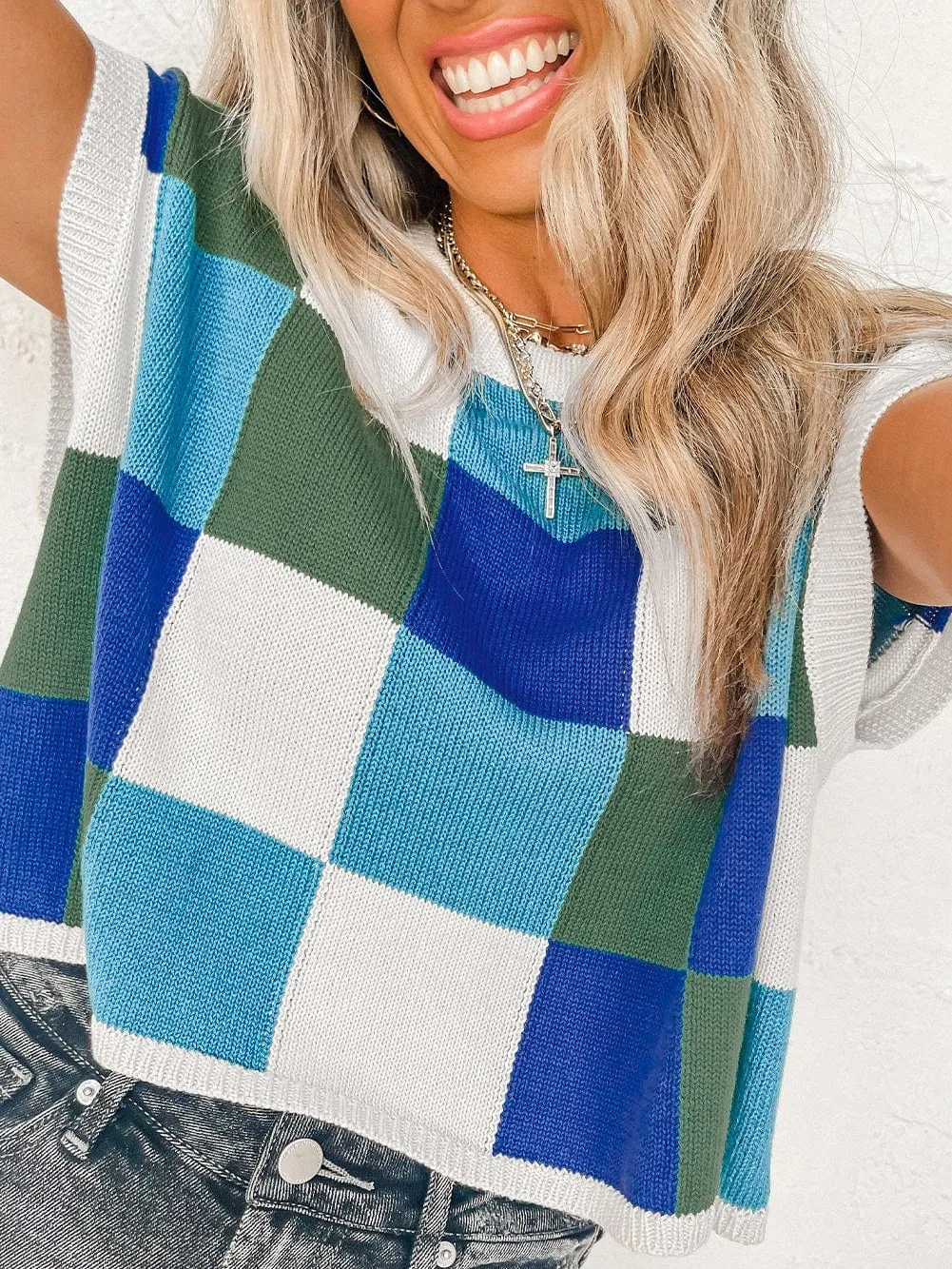 Blue Plaid Print Cap Sleeve Knit Top