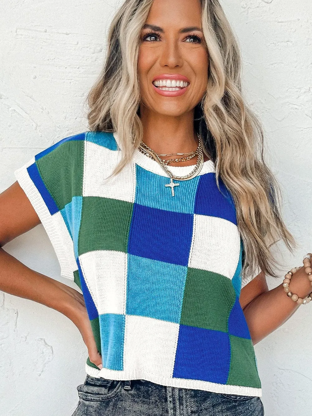 Blue Plaid Print Cap Sleeve Knit Top