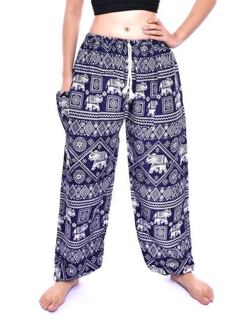 Bohotusk Navy Blue Elephant Print Womens Harem Pants Tie Waist S/M