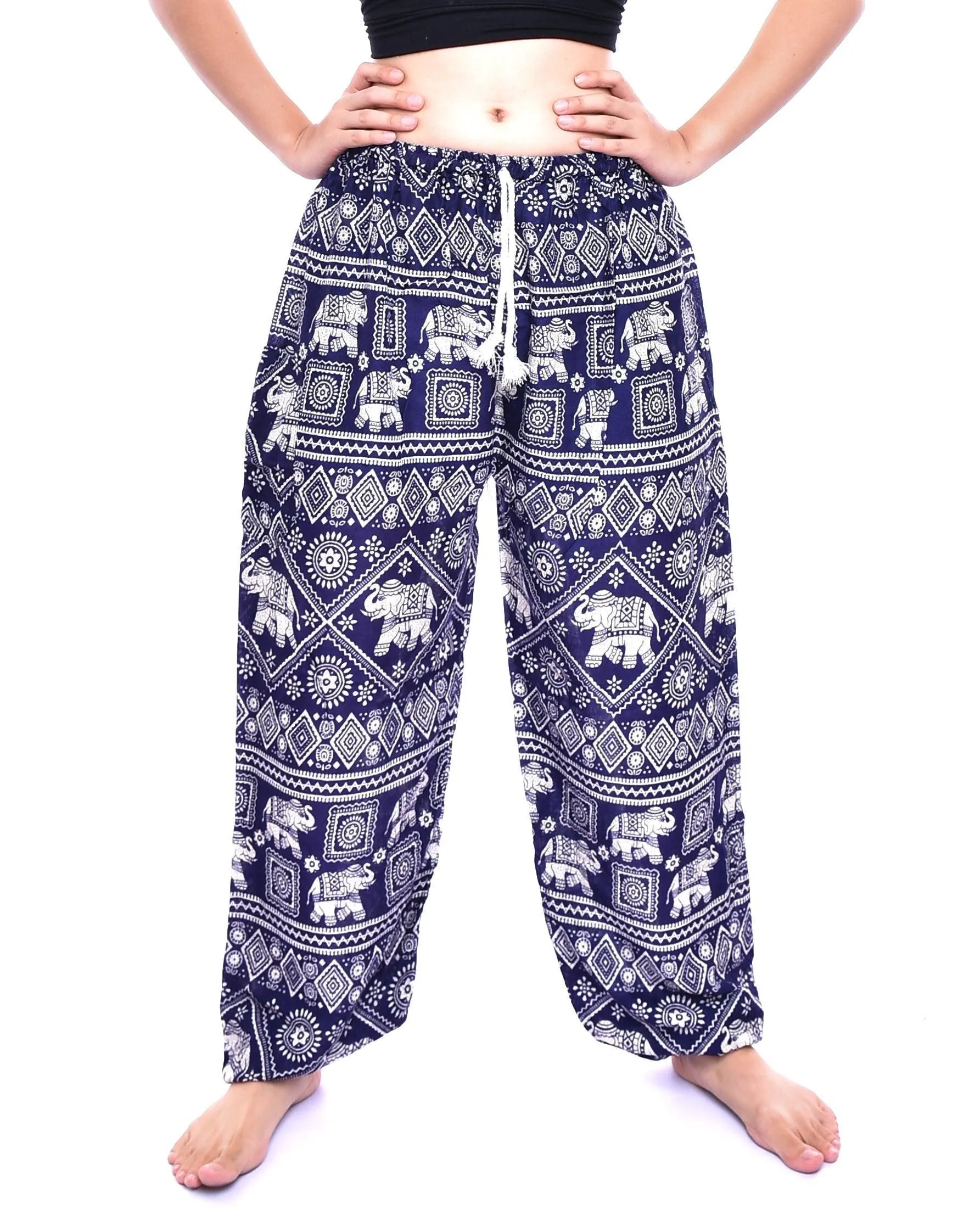 Bohotusk Navy Blue Elephant Print Womens Harem Pants Tie Waist S/M