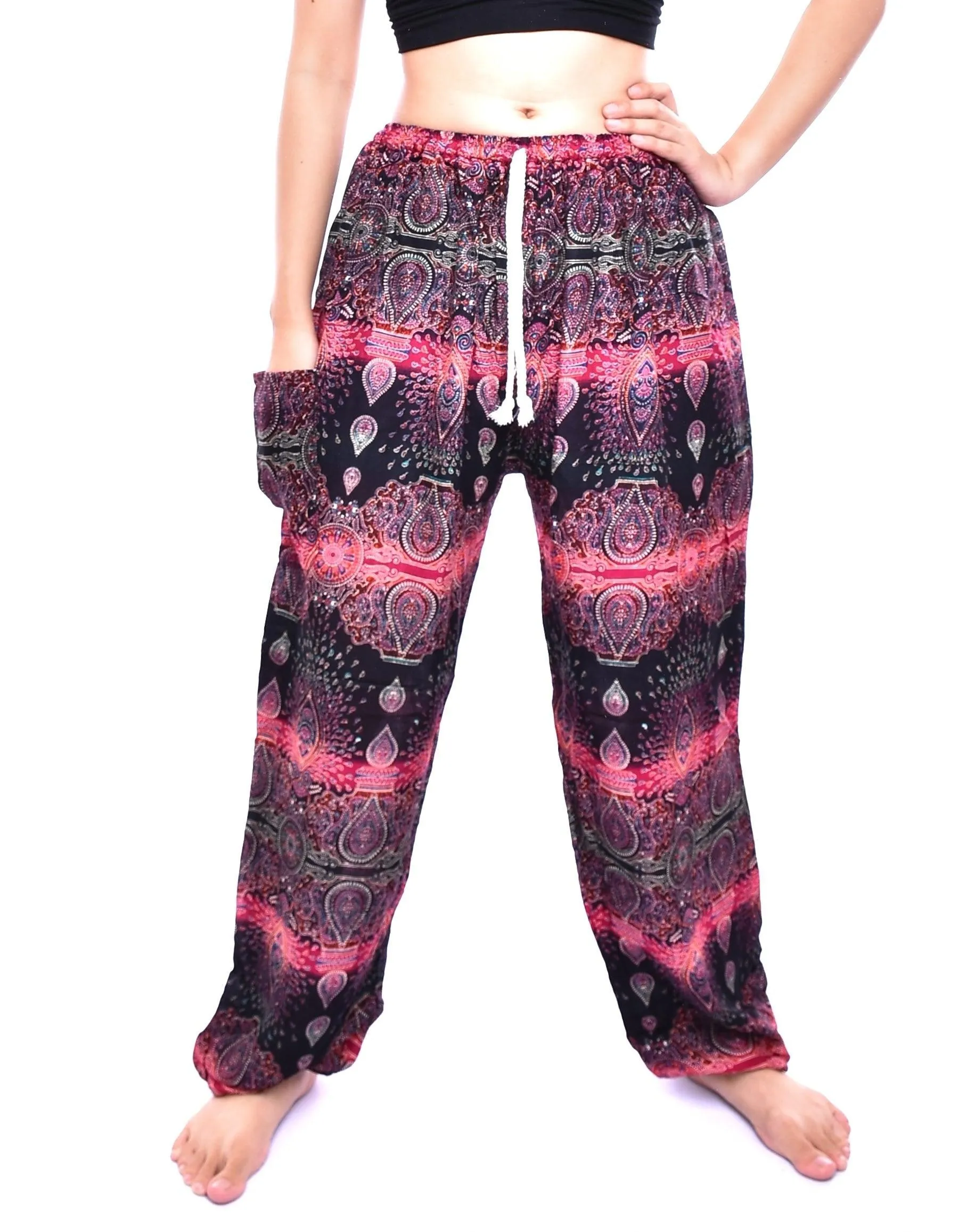 Bohotusk Pink Teardrop Print Womens Harem Pants Tie Waist S/M