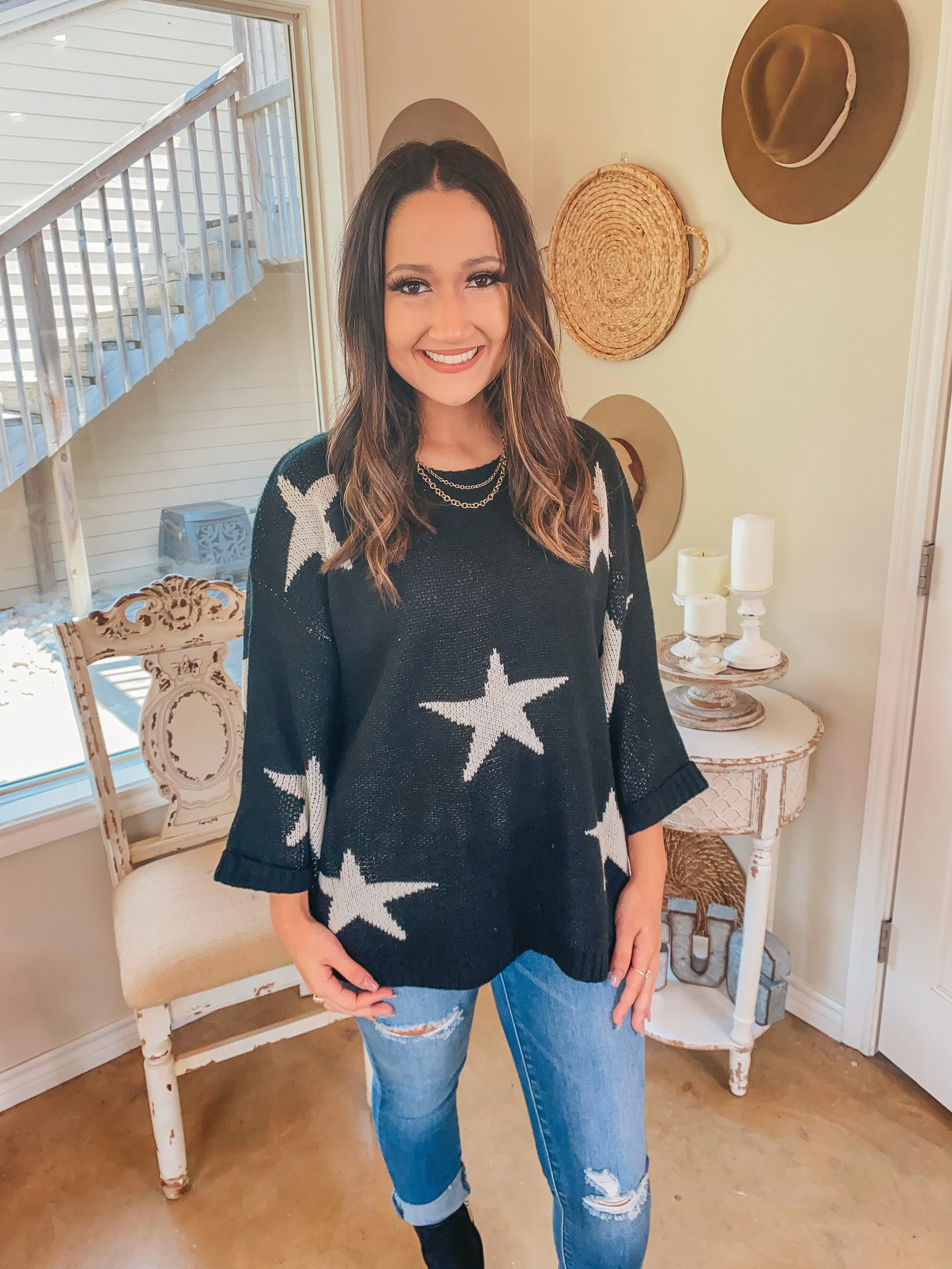 Brightest Dreams Star Print Oversized Sweater in Black