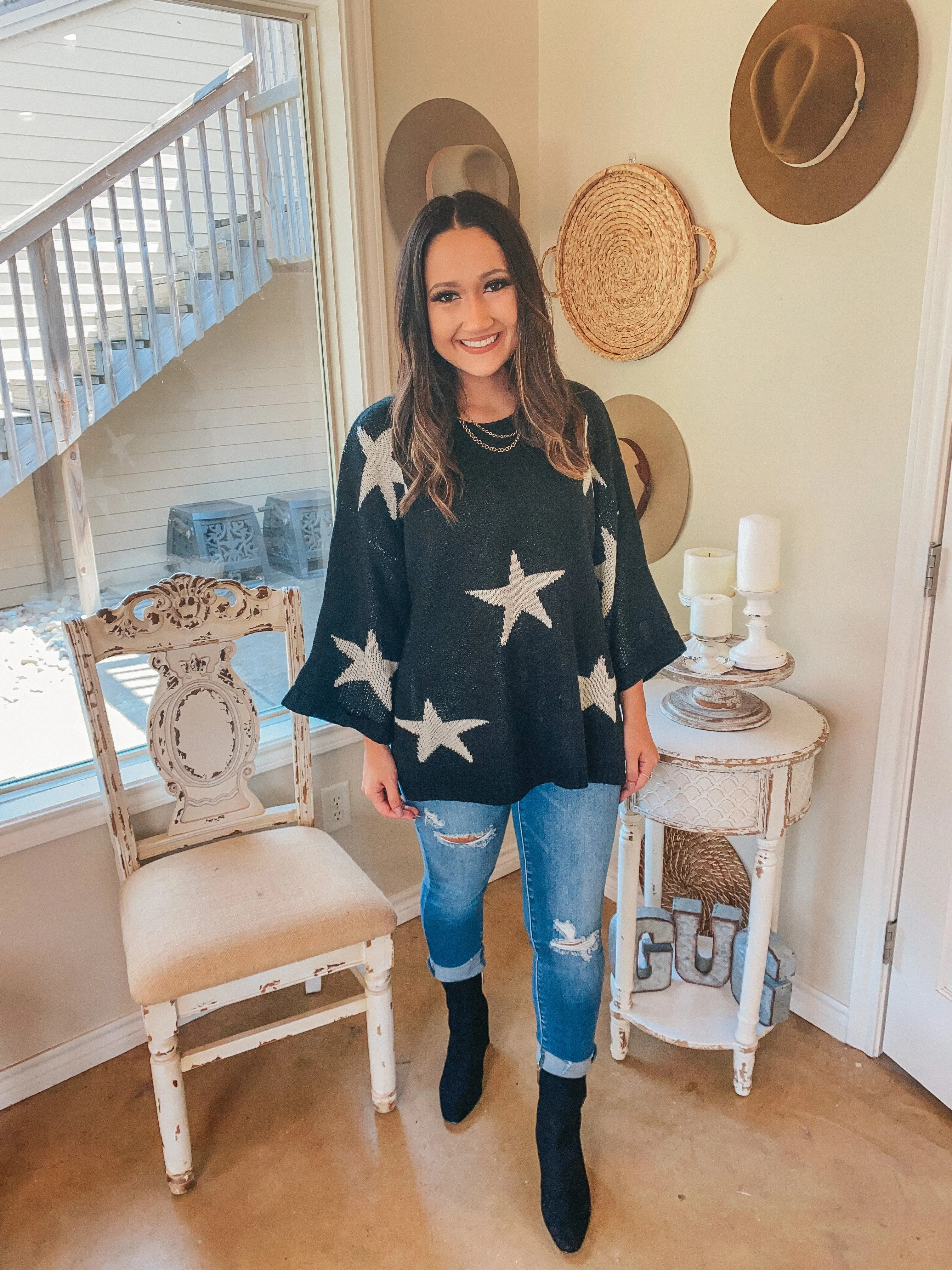 Brightest Dreams Star Print Oversized Sweater in Black