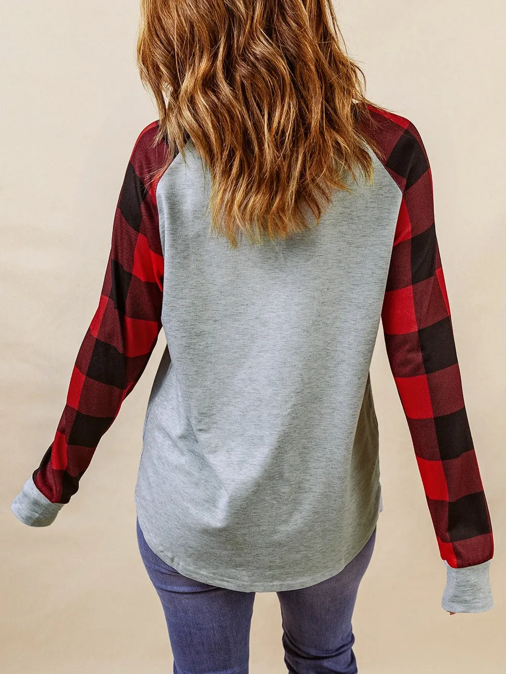 Buffalo Check Patchwork Round Neck Sweatshirt