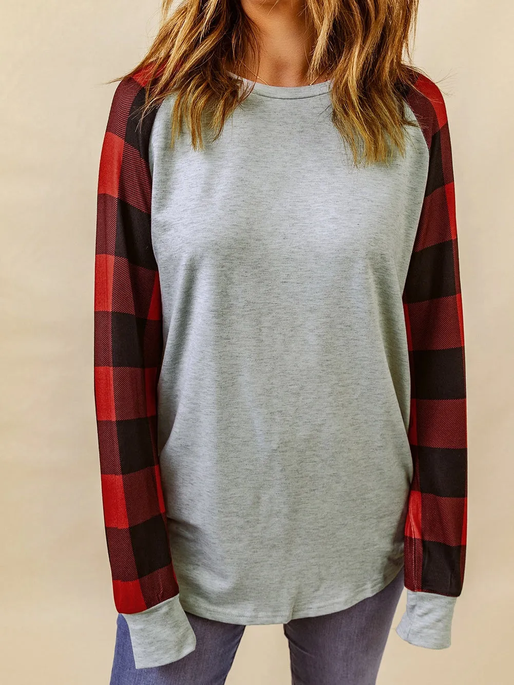 Buffalo Check Patchwork Round Neck Sweatshirt