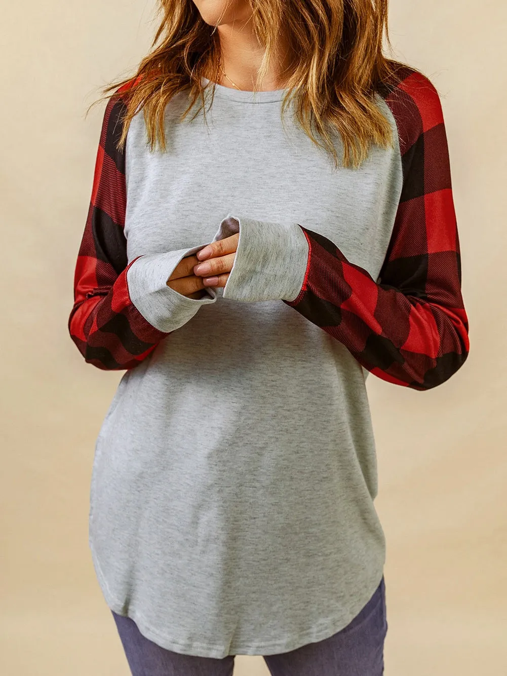 Buffalo Check Patchwork Round Neck Sweatshirt