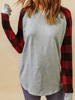 Buffalo Check Patchwork Round Neck Sweatshirt