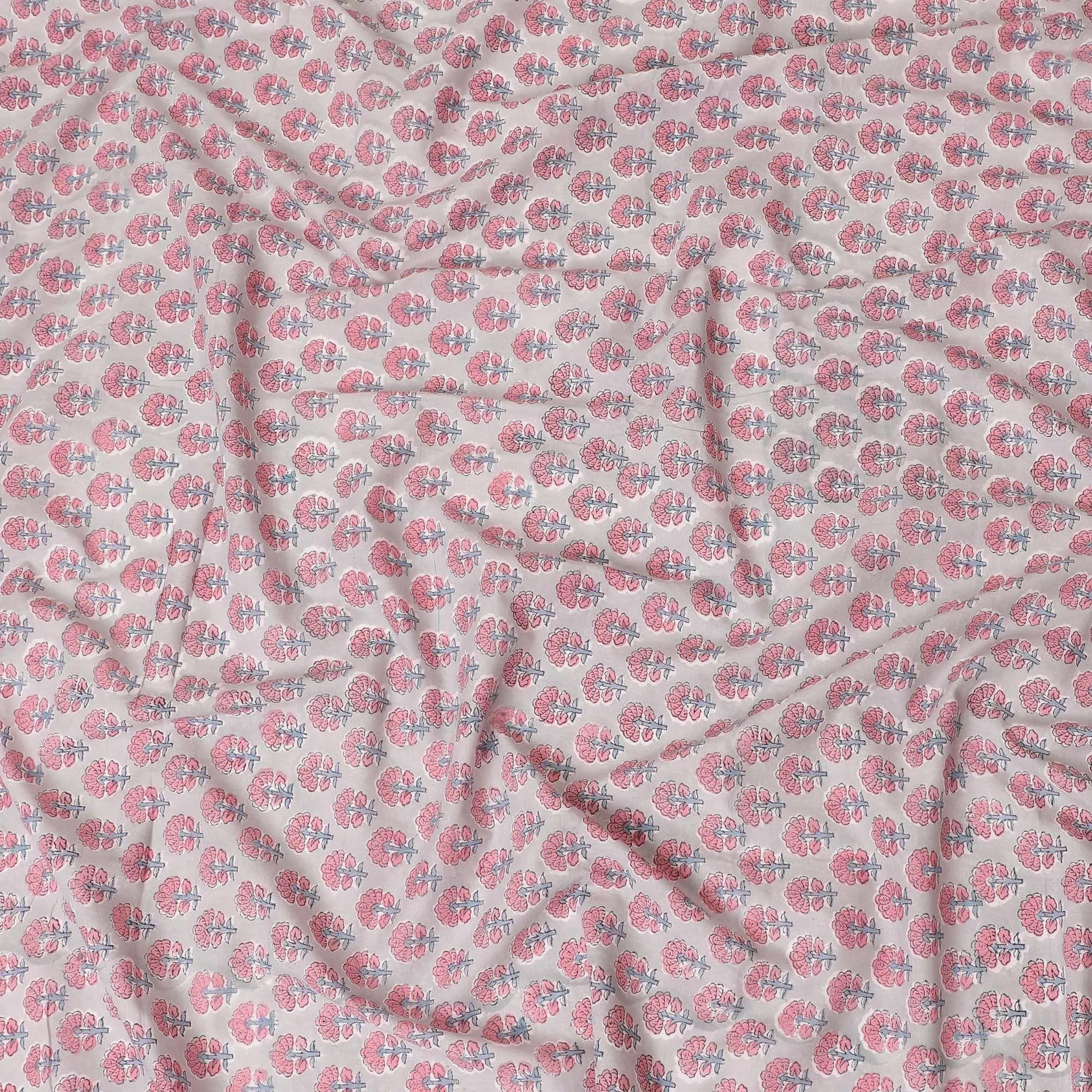 Cloud grey organic cotton fabric with baby pink, black and coin grey print in floral design-D13868