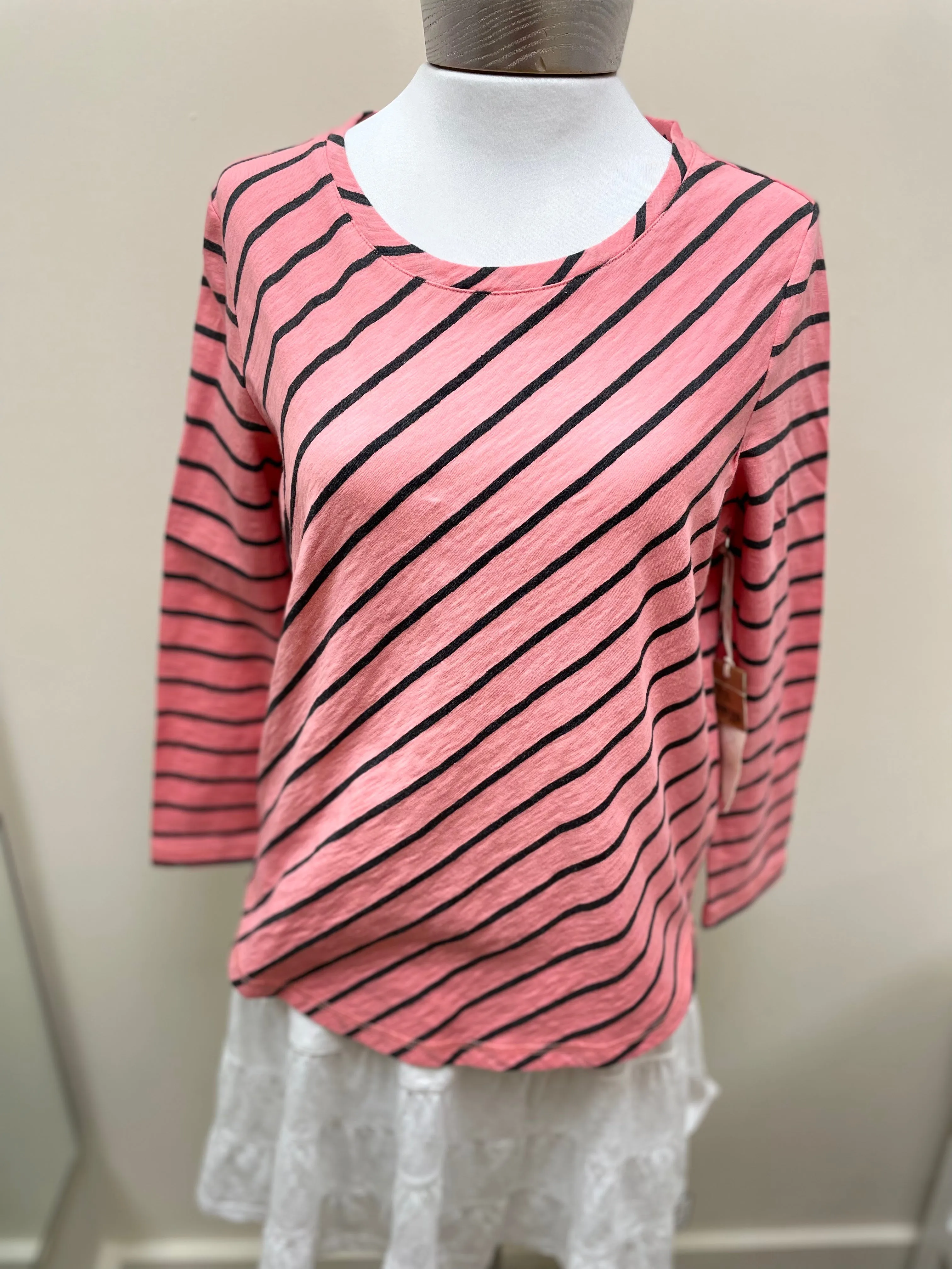 Cotton Slub High Lo 3/4 Sleeve Stripe 23004