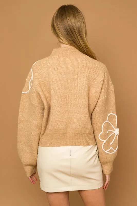 Cozy Flower Embroidery Mock Neck Sweater