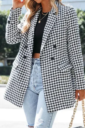 Elegant Plaid Pocket Turn-back Collar Outerwear