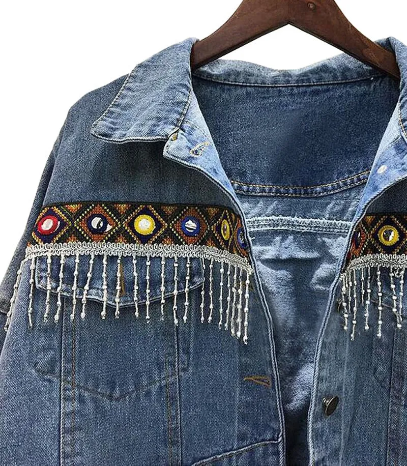 Embroidered Tassel Boho Denim Jacket