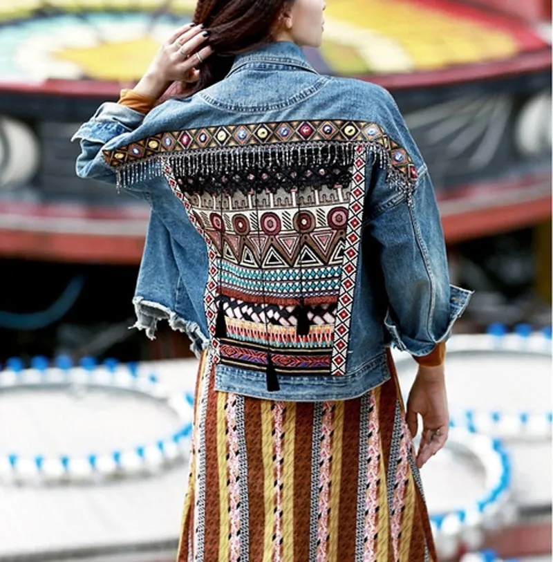 Embroidered Tassel Boho Denim Jacket