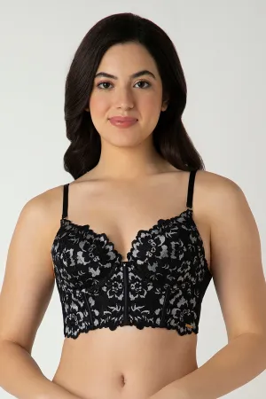 Femme Lace Padded Non-Wired Longline Bra - Black