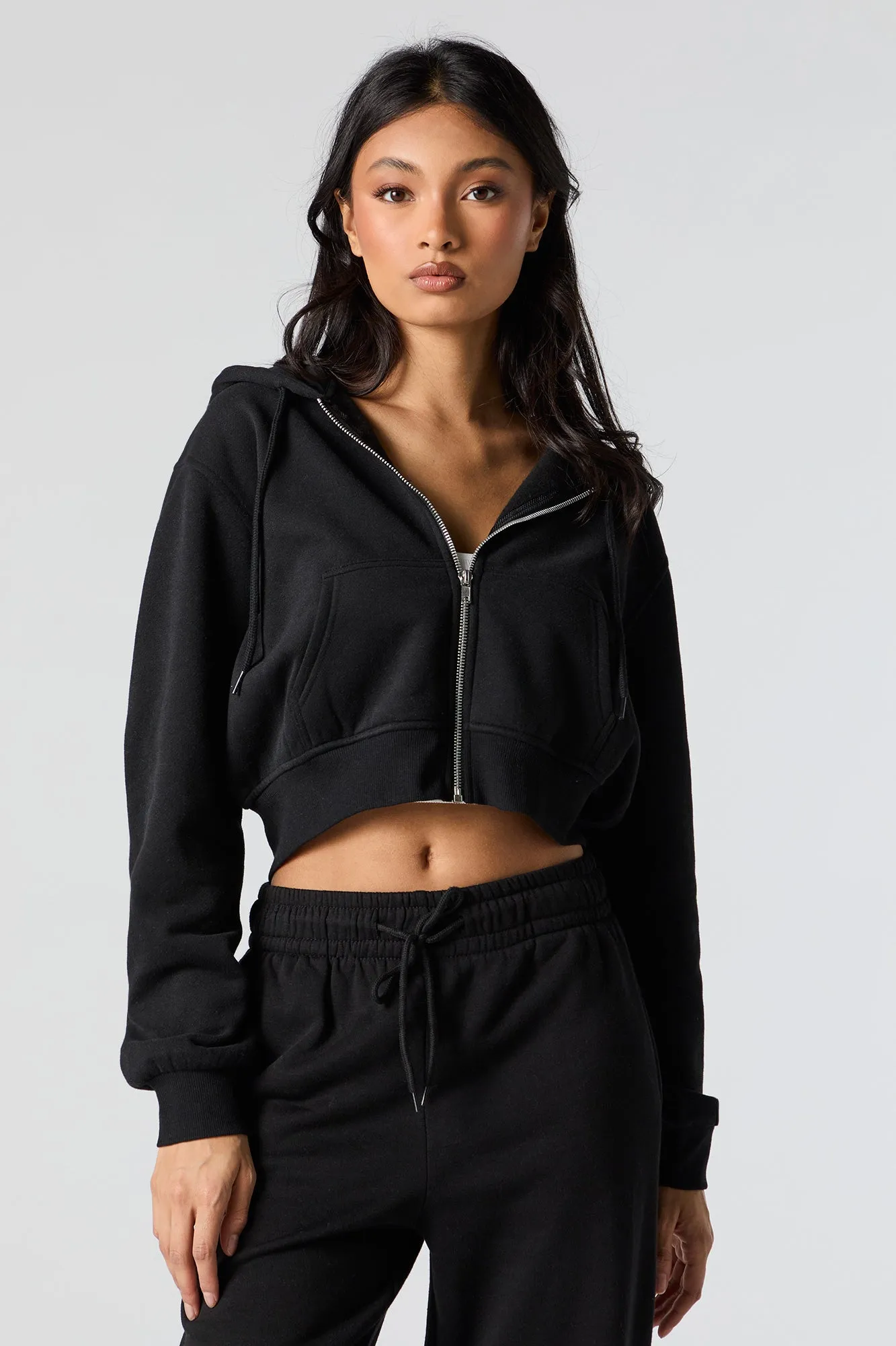 Fleece Zip-Up Cropped Hoodie