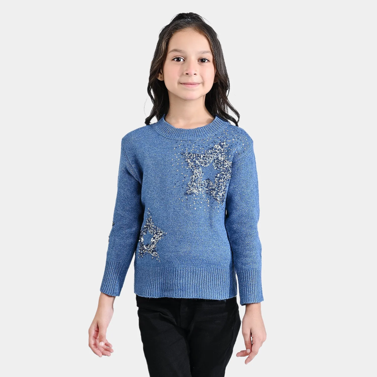 Girls Mix Fabric Sweater Stars-Blue