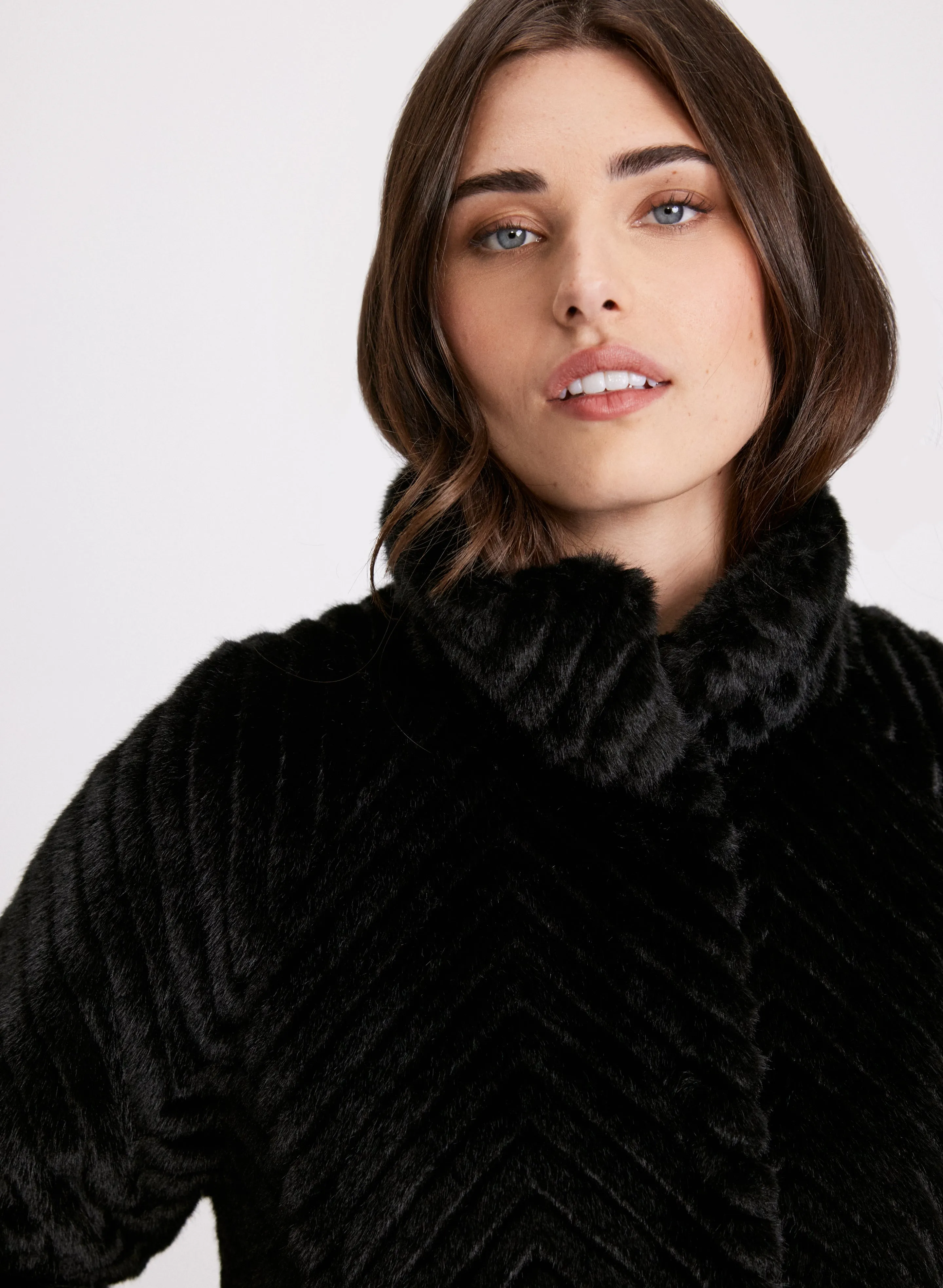 Herringbone Quilted Faux Fur Coat