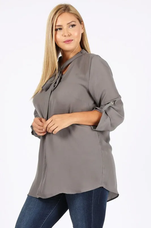 HI Curvy Plus Size  Women Tie V-Neck Relaxed Shirts