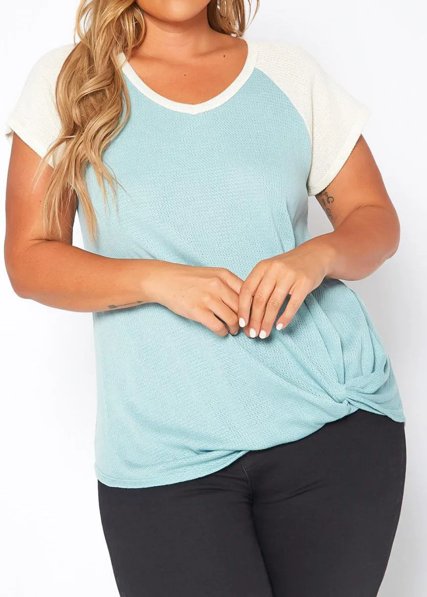 HI Curvy Plus Size Women Waffle Knit Baseball Sleeve Tee Shirt