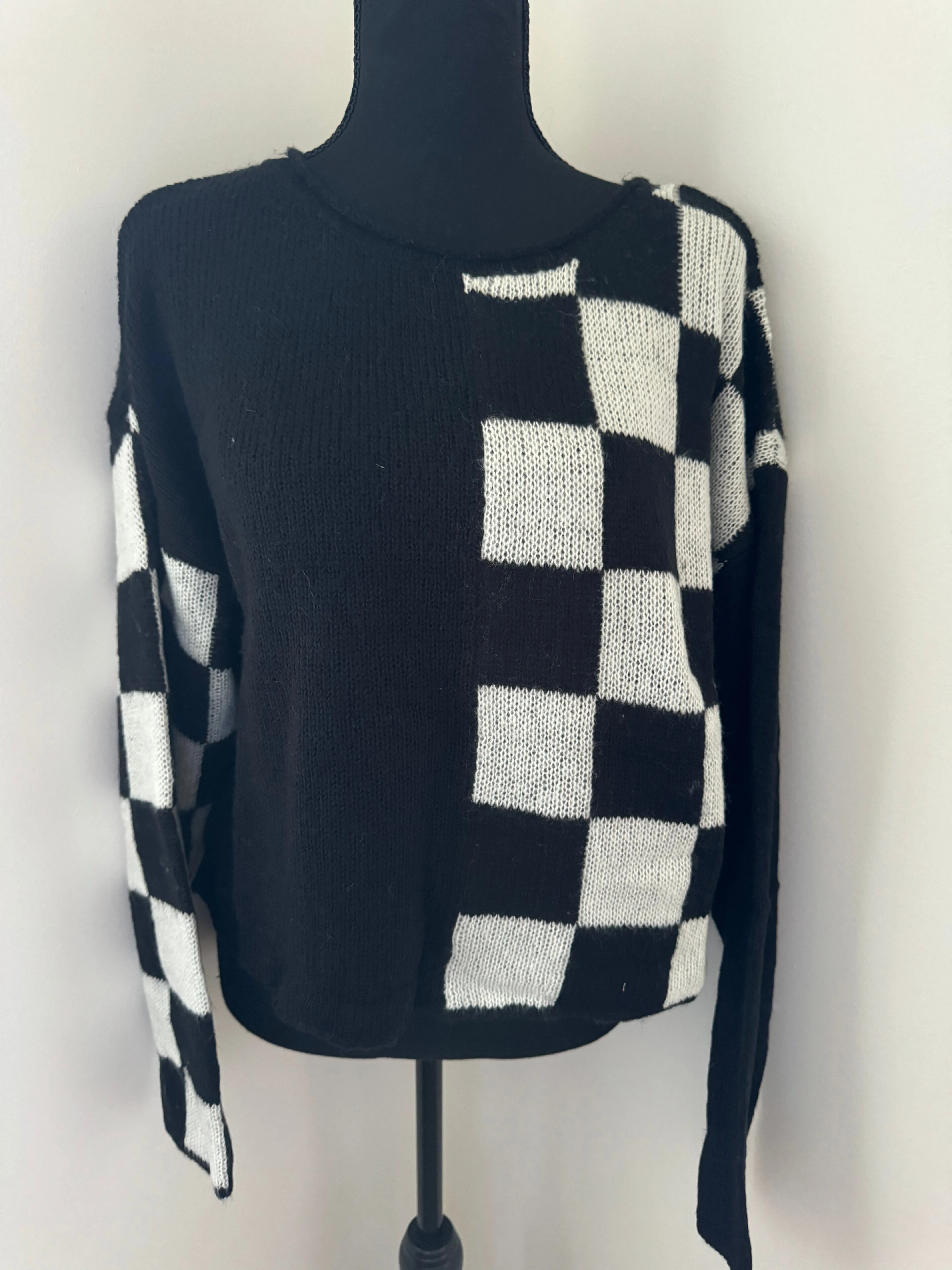 HIT THE TRACK COLORBLOCK CHECKERED LONG SLEEVE KNIT SWEATER