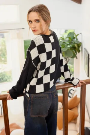 HIT THE TRACK COLORBLOCK CHECKERED LONG SLEEVE KNIT SWEATER