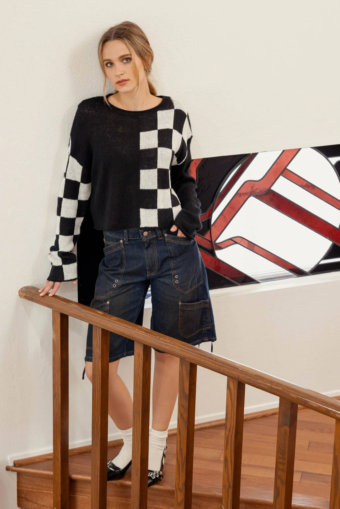 HIT THE TRACK COLORBLOCK CHECKERED LONG SLEEVE KNIT SWEATER