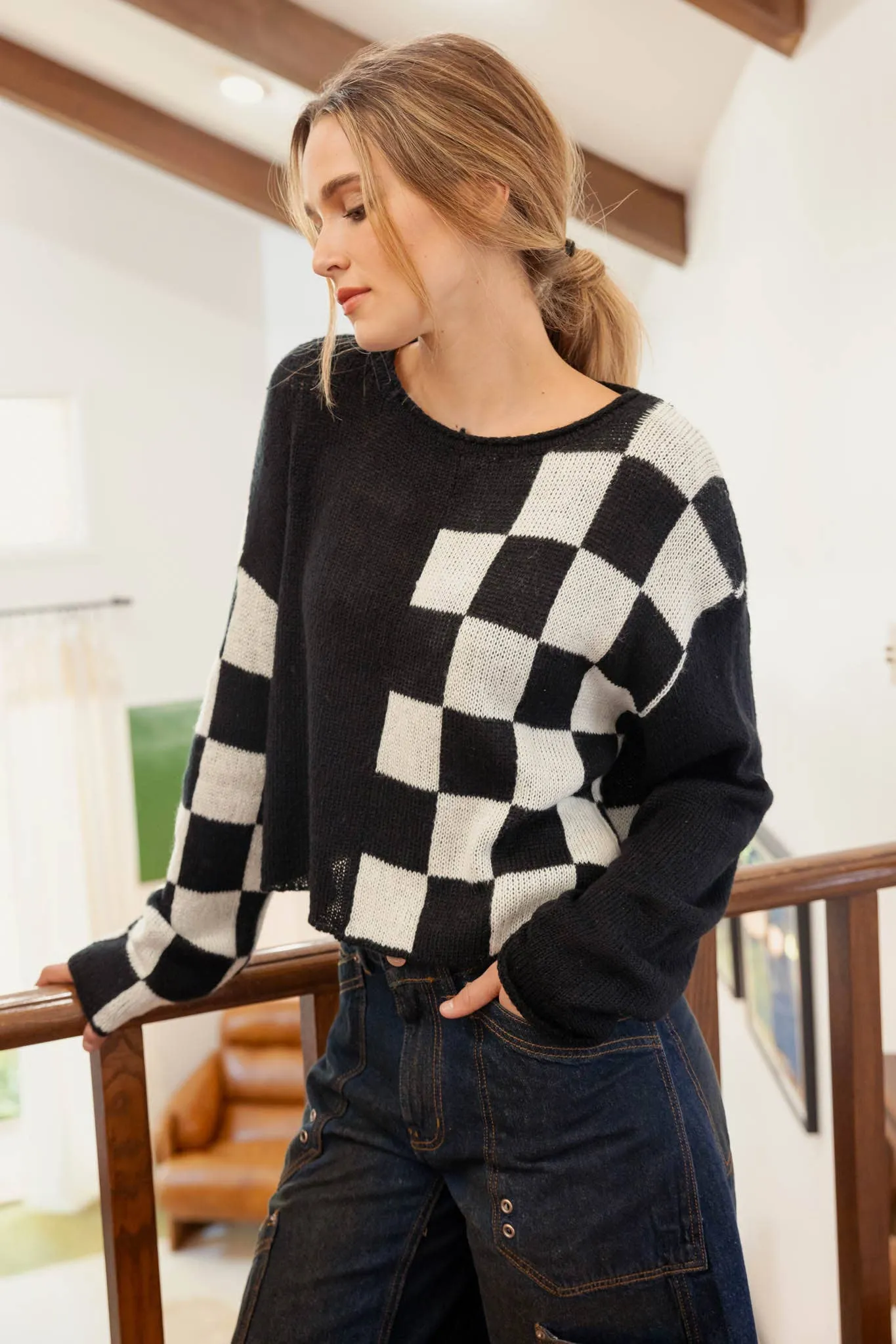 HIT THE TRACK COLORBLOCK CHECKERED LONG SLEEVE KNIT SWEATER